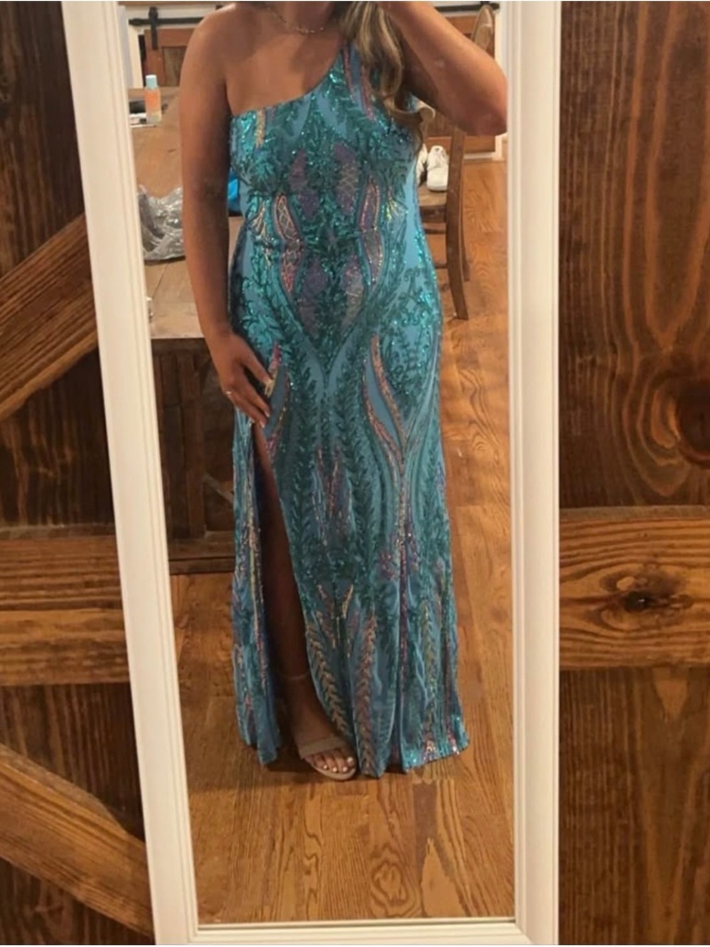 Blondie Nites Teal One-Shoulder Sequin Evening Gown